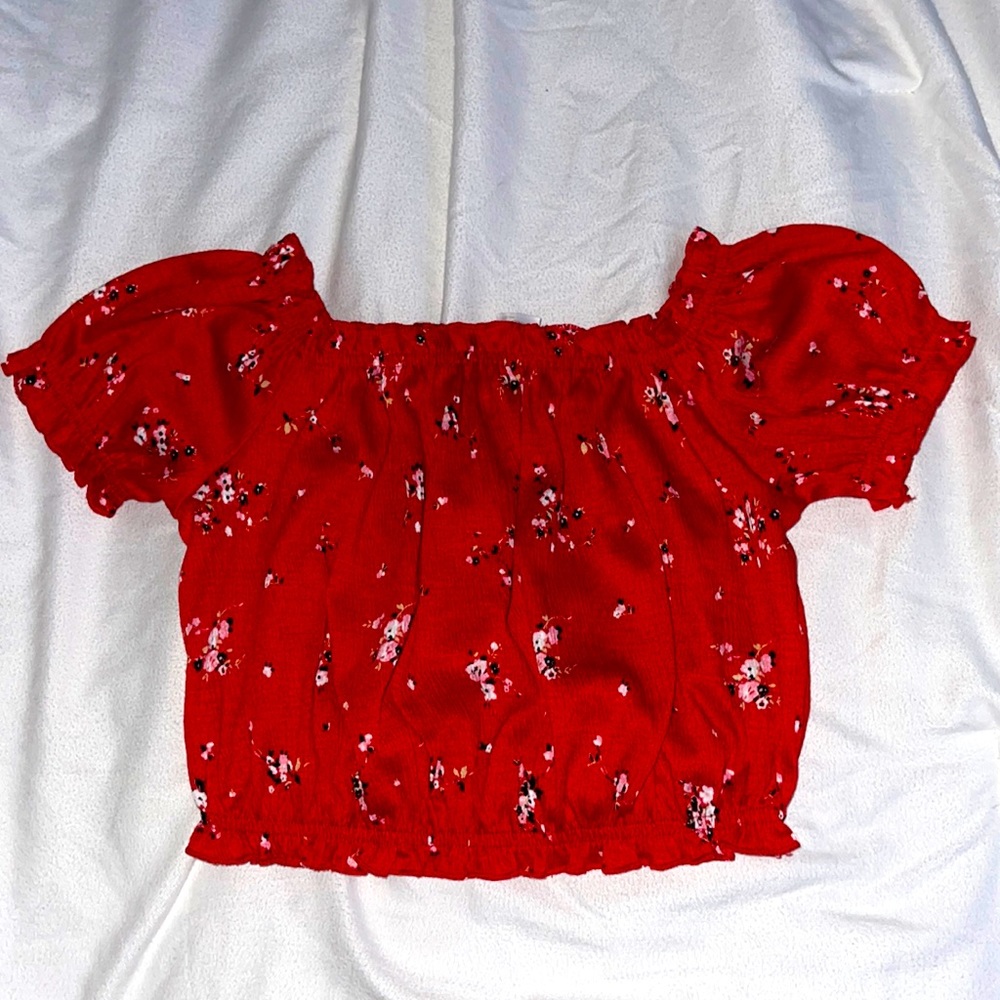 Red, floral, off the shoulder cropped top